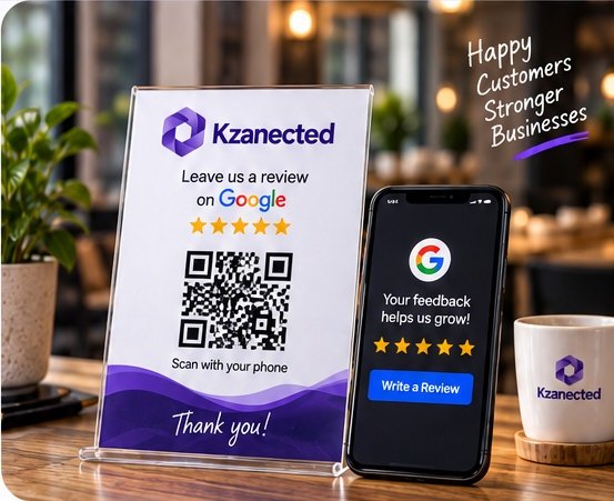Kzanected QR review station in a modern business